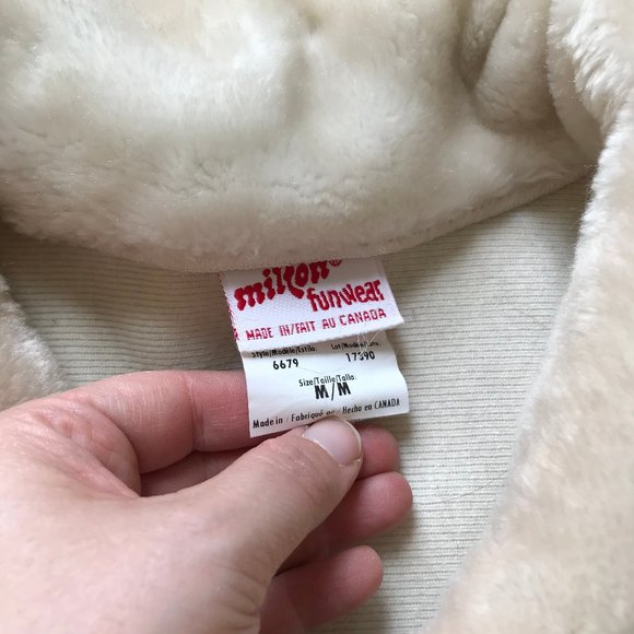 Milton Funwear Plush Fleece Jacket Cream & Beige Feather Design Oversized 90s - Picture 5 of 9